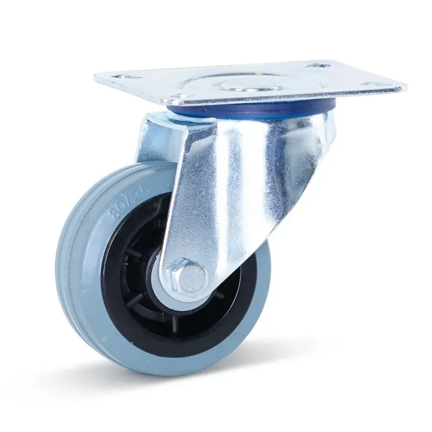 Grijs rubber zwenkwiel met topplaat - 80mm - 60kg - Streeploos - RG3-80 Grijs rubber zwenkwiel met topplaat - 80mm - 60kg - Streeploos - RG3-80