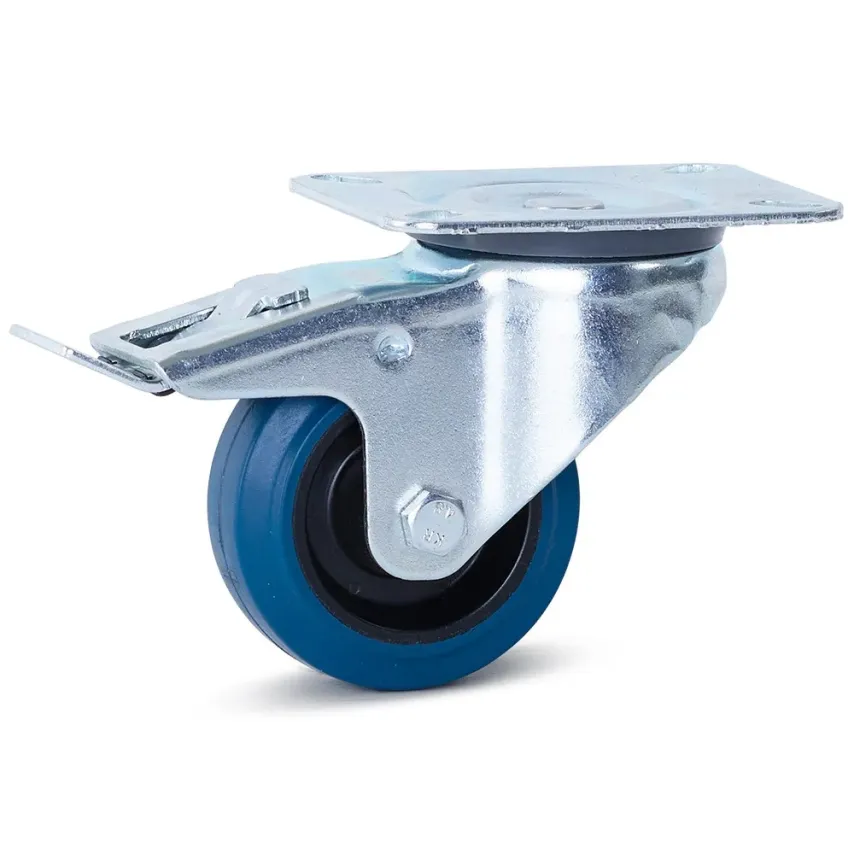 Blauw elastisch rubber zwenkwiel geremd met topplaat - 80mm - 100kg - RB4-80 Blauw elastisch rubber zwenkwiel geremd met topplaat - 80mm - 100kg - RB4-80