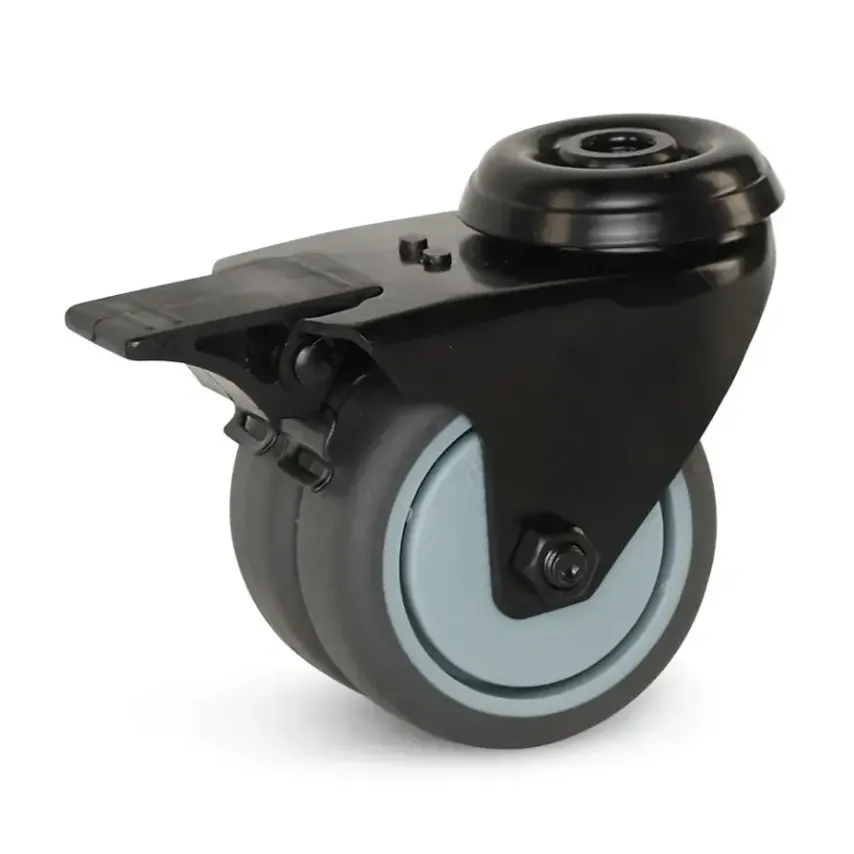 Dubbel zwenkwiel geremd en zwarte behuizing met centraal gat - 75mm - 150kg - T6-D75LZ Dubbel zwenkwiel geremd en zwarte behuizing met centraal gat - 75mm - 150kg - T6-D75LZ